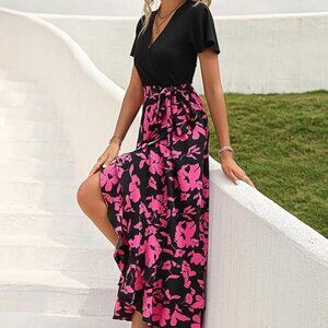 Womens Maxi Summer Dresses 2025 Short Sleeve V Neck Boho Floral Print Belted Hig